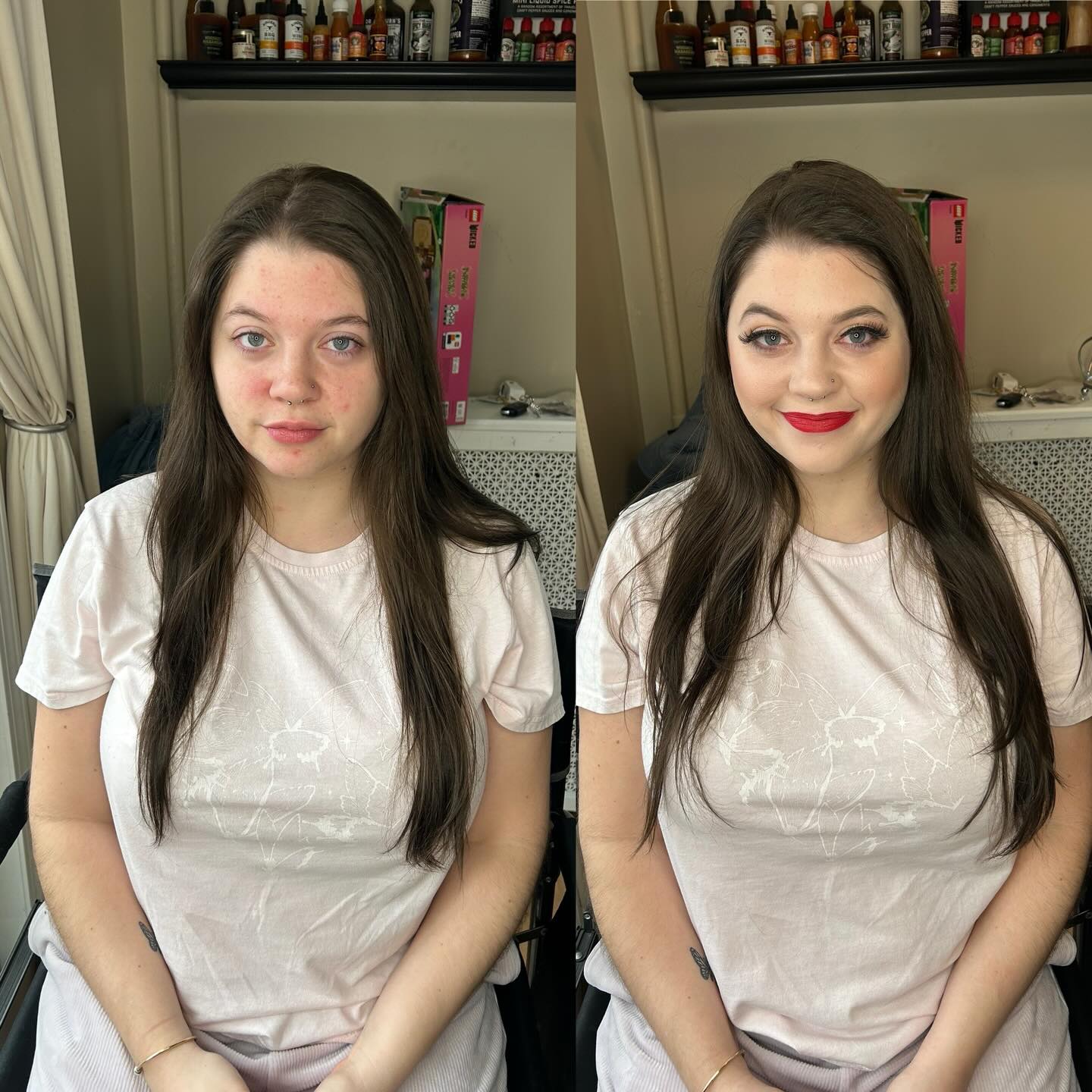 Before and after glam makeup transformation